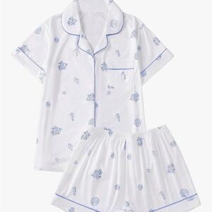 Women's White and Blue Pajama Set